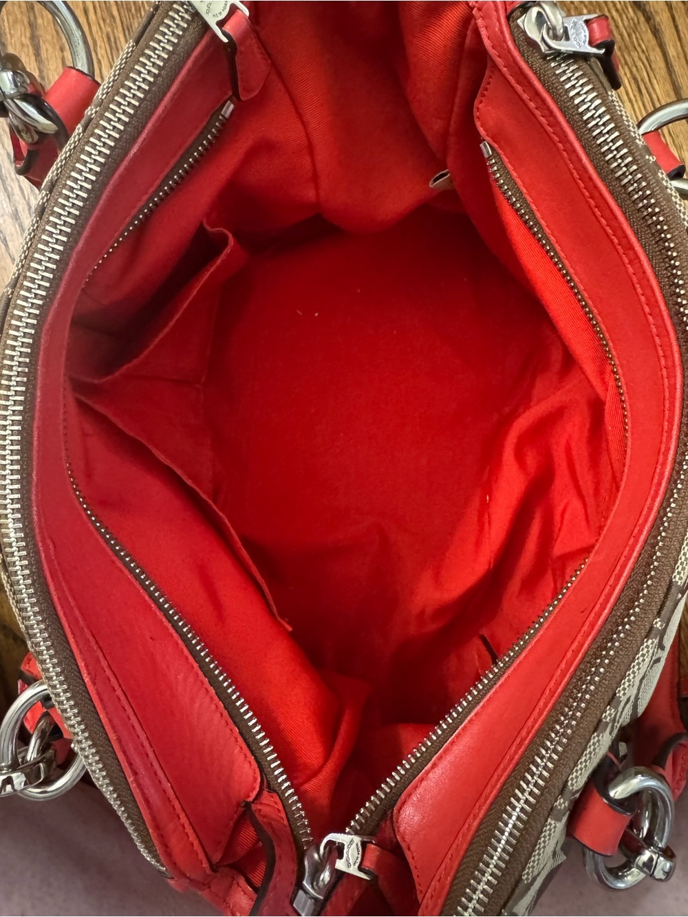 Coach Signature Canvas Coral Red Leather Satchel Crossbody Bag Purse EUC - Picture 9 of 16